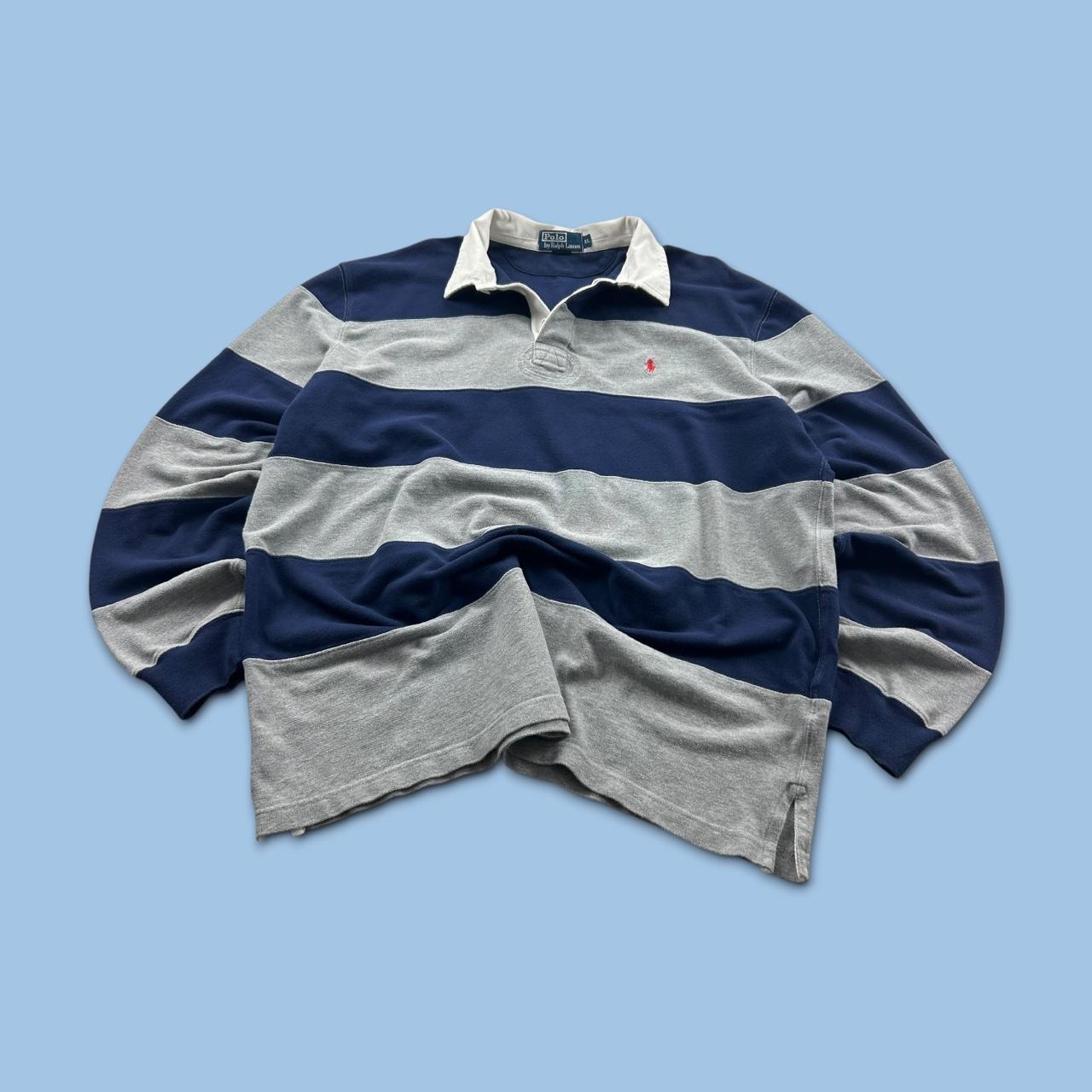 VINTAGE Y2K RALPH LAUREN STRIPED LONG SLEEVE RUGBY POLO SHIRT NAVY / GREY