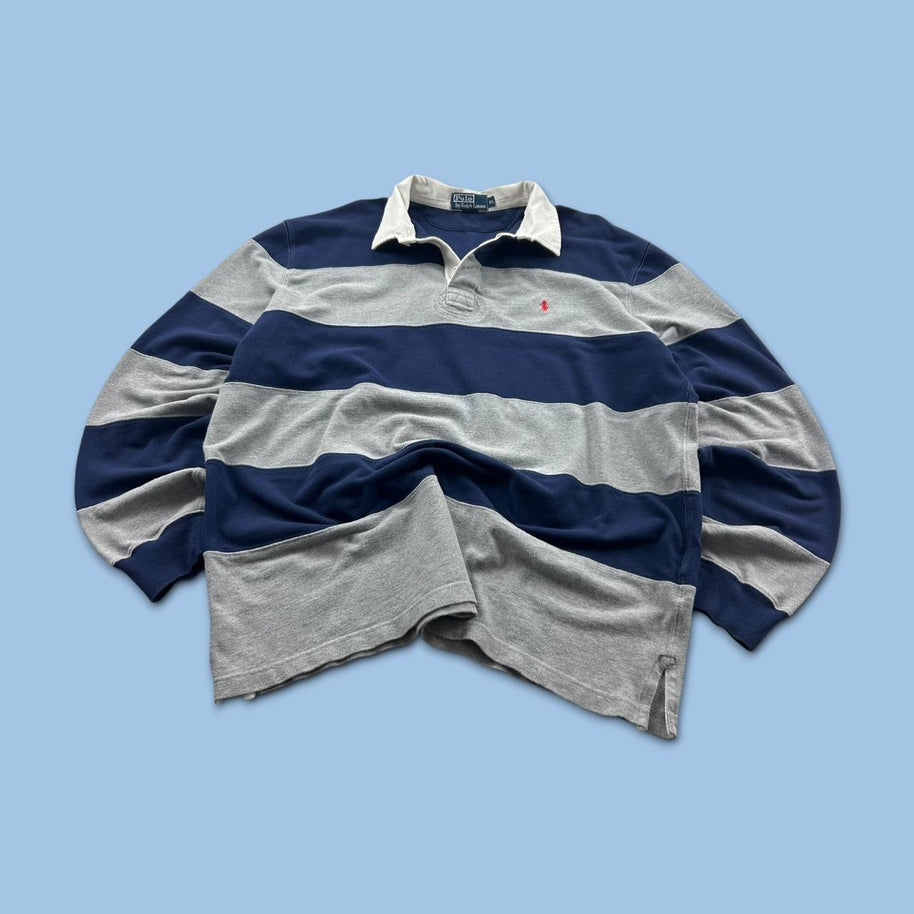 VINTAGE Y2K RALPH LAUREN STRIPED LONG SLEEVE RUGBY POLO SHIRT NAVY / GREY
