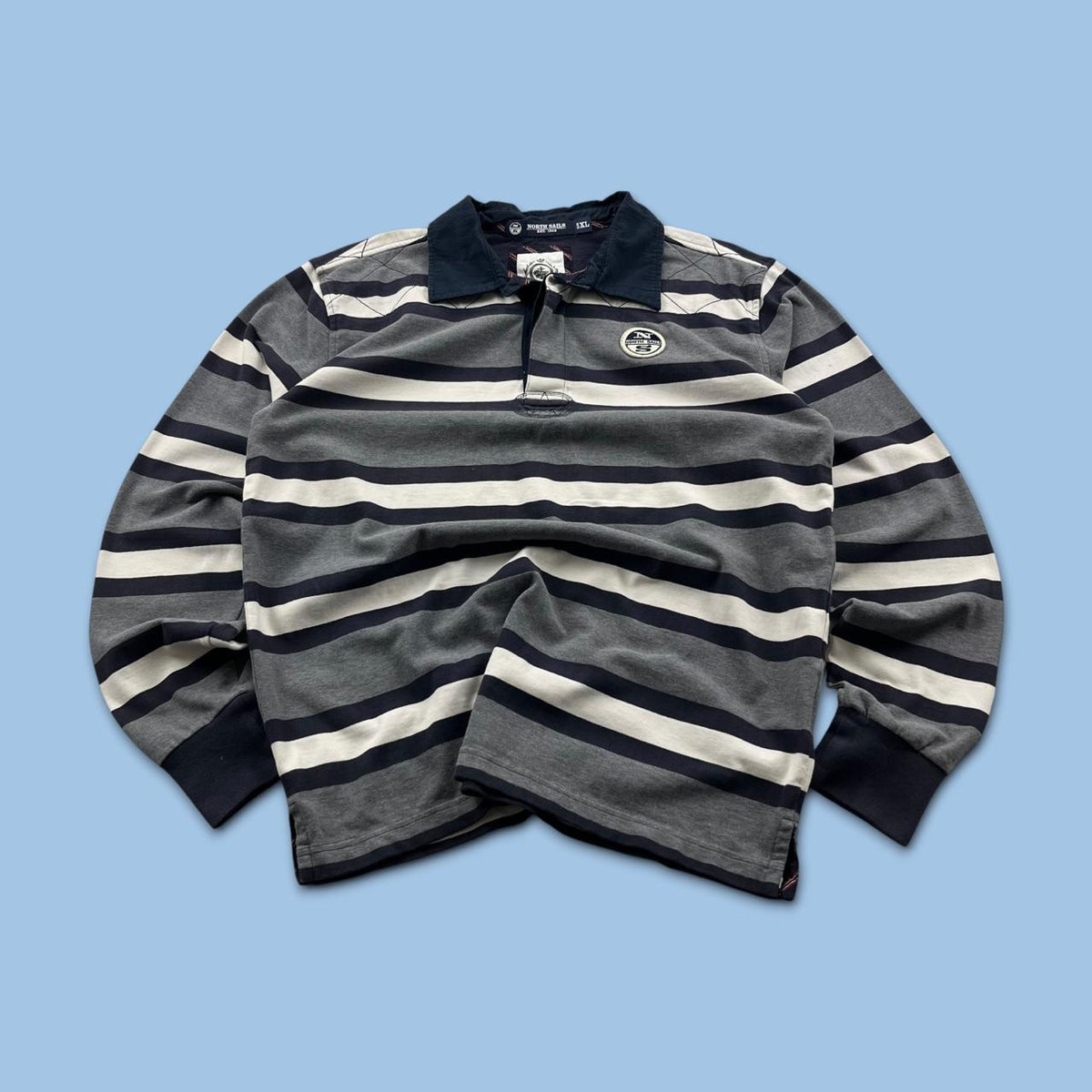 VINTAGE Y2K NORTH SAILS STRIPED LONG SLEEVE RUGBY POLO SHIRT GREY