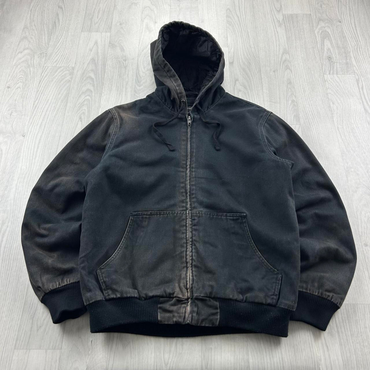 VINTAGE Y2K RSQ HOODED WORKWEAR BOMBER JACKET FADED BLACK