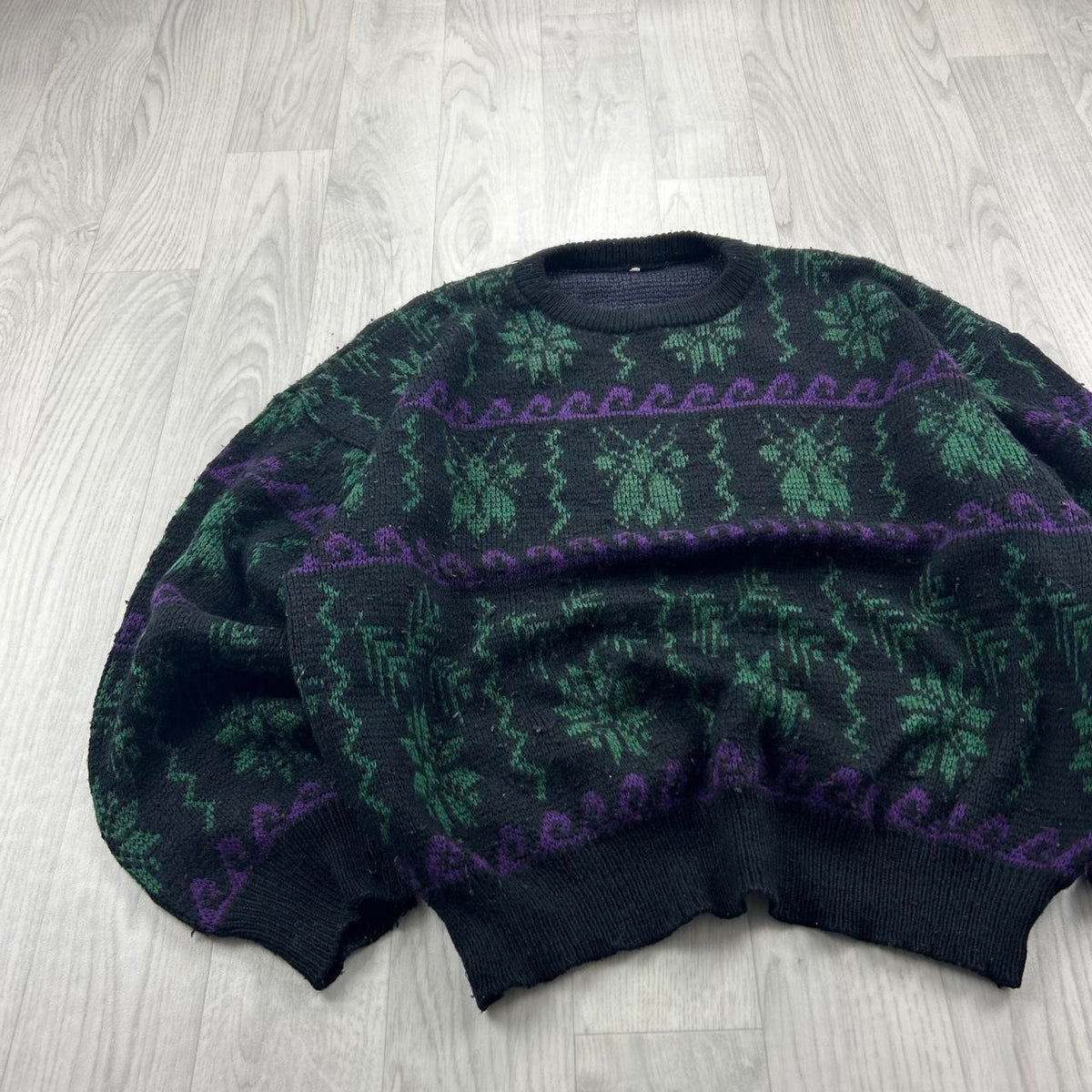 VINTAGE 90s PATTERN KNITTED JUMPER BLACK / GREEN