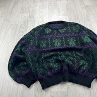 VINTAGE 90s PATTERN KNITTED JUMPER BLACK / GREEN
