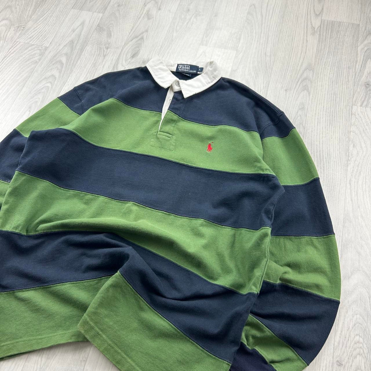 VINTAGE Y2K RALPH LAUREN STRIPED LONG SLEEVE RUGBY POLO SHIRT GREEN / NAVY