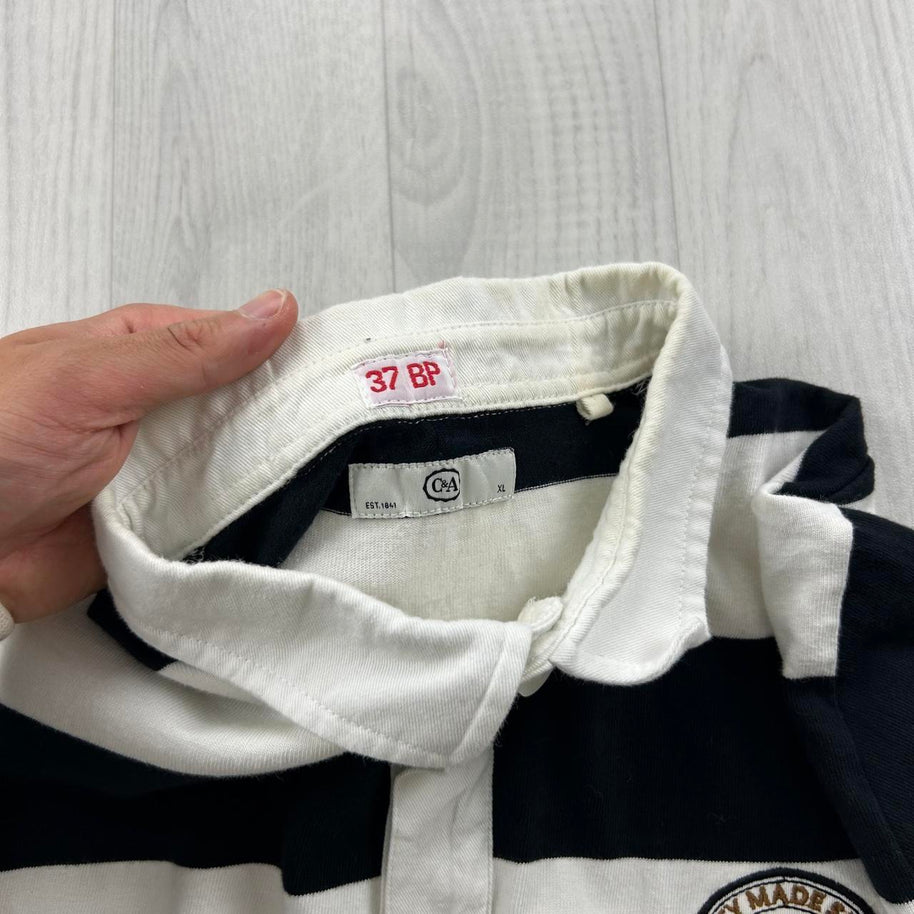 VINTAGE Y2K STRIPED LONG SLEEVE RUGBY POLO SHIRT BLACK / WHITE