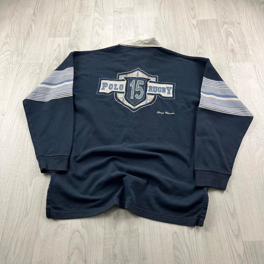 VINTAGE Y2K SERGE BLANCO HEAVY LONG SLEEVE RUGBY POLO SHIRT NAVY