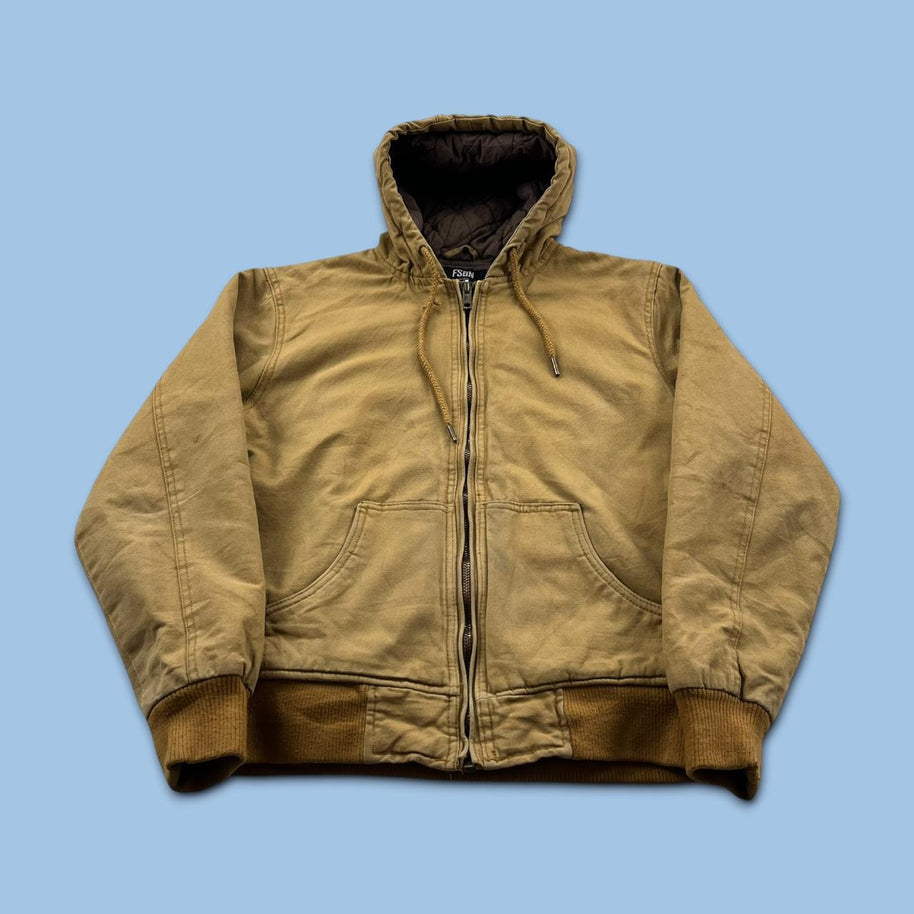VINTAGE Y2K FISHBONE HOODED WORKWEAR BOMBER JACKET BEIGE