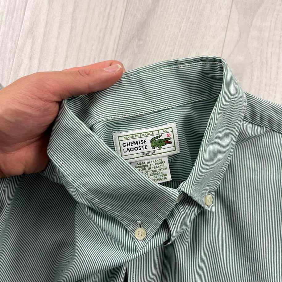 VINTAGE 00s LACOSTE STRIPED CROPPED SHORT SLEEVE BUTTON UP SHIRT GREEN