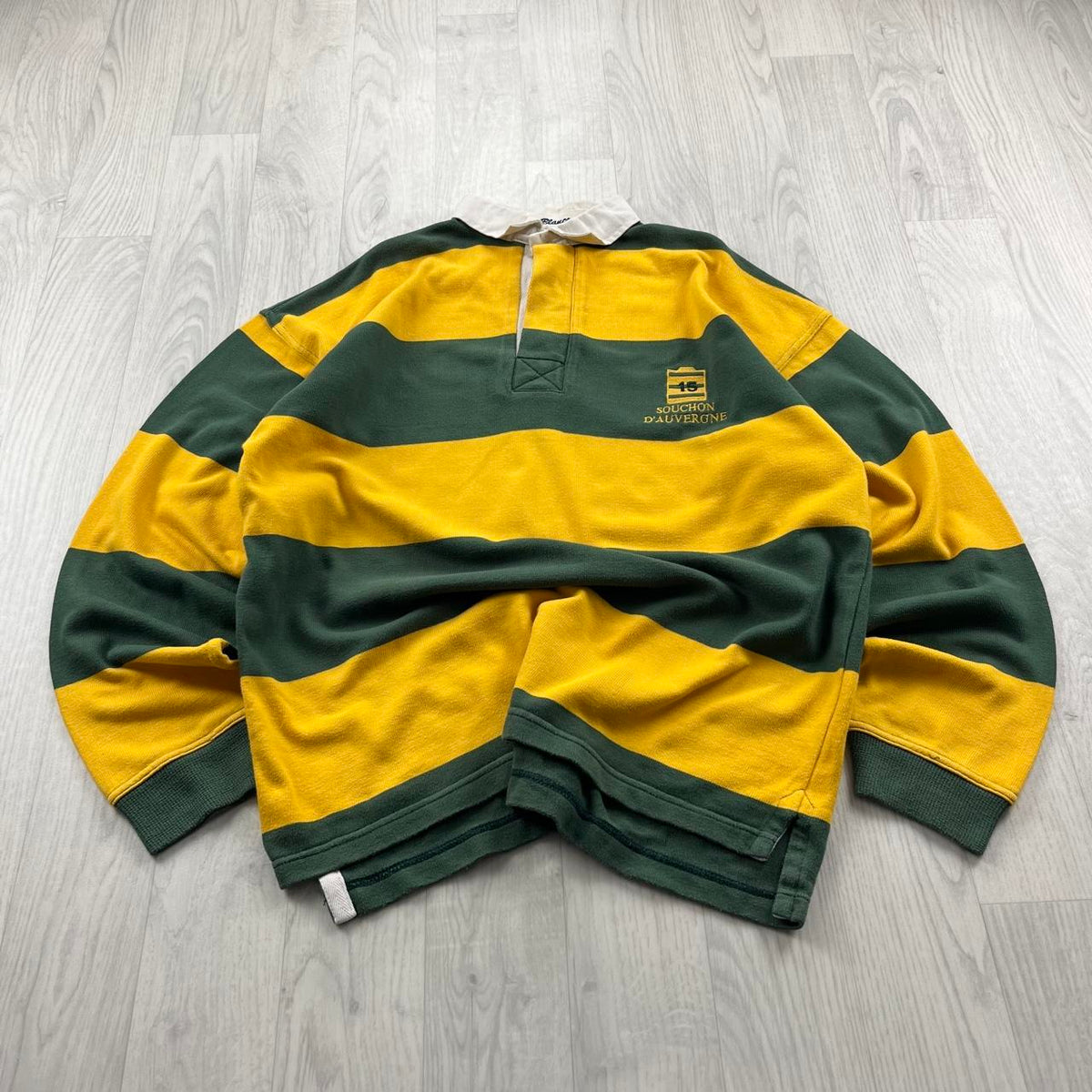 VINTAGE Y2K STRIPED LONG SLEEVE RUGBY POLO SHIRT YELLOW KHAKI