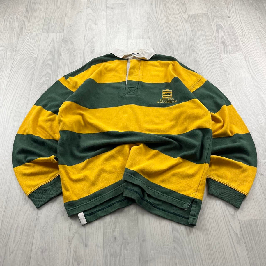 VINTAGE Y2K STRIPED LONG SLEEVE RUGBY POLO SHIRT YELLOW KHAKI