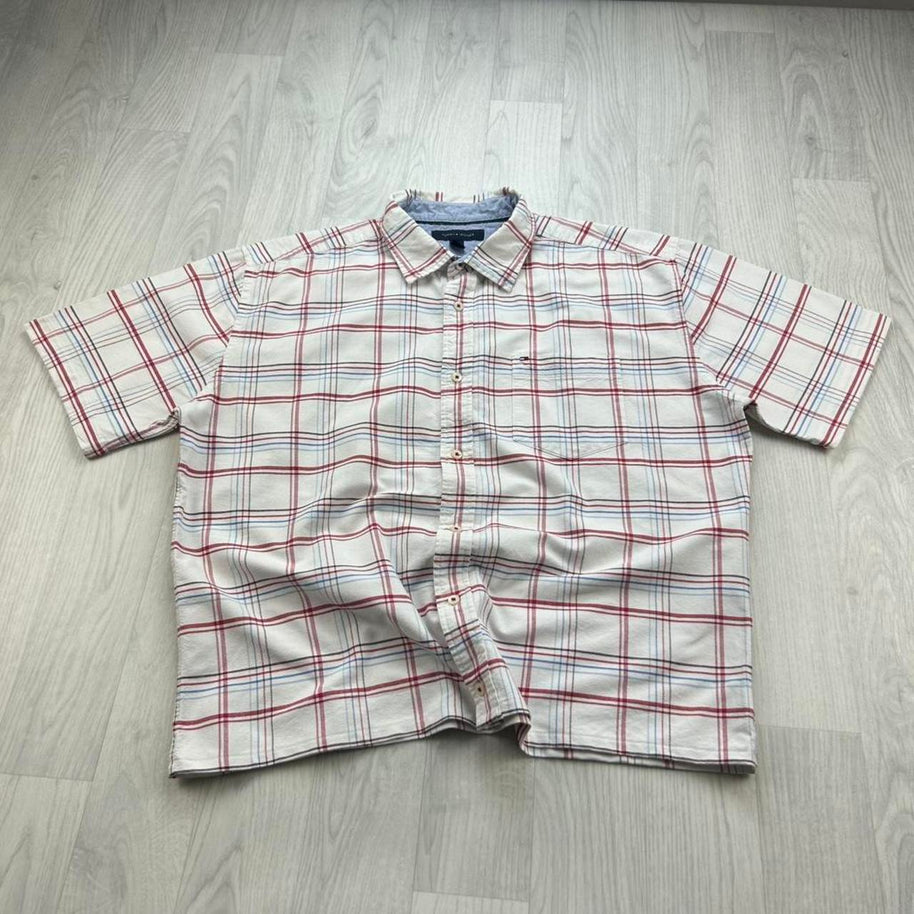 VINTAGE 00s TOMMY HILFIGER CHECKERED CROPPED SHORT SLEEVE BUTTON UP SHIRT WHITE / RED