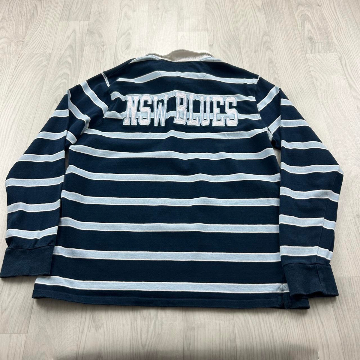 VINTAGE 00s NEW SOUTH WALES STRIPED LONG SLEEVE RUGBY POLO SHIRT NAVY / SKY BLUE