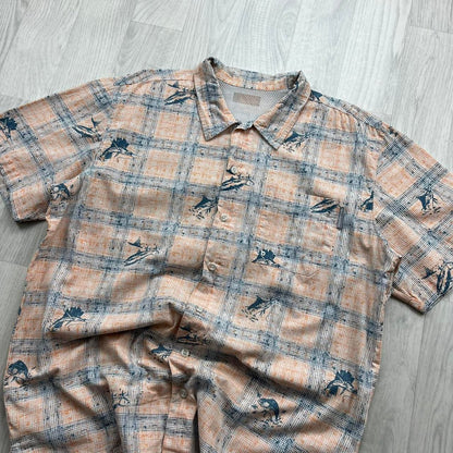 VINTAGE Y2K COLUMBIA GRAPHIC BUTTON UP SHORT SLEEVE SHIRT ORANGE