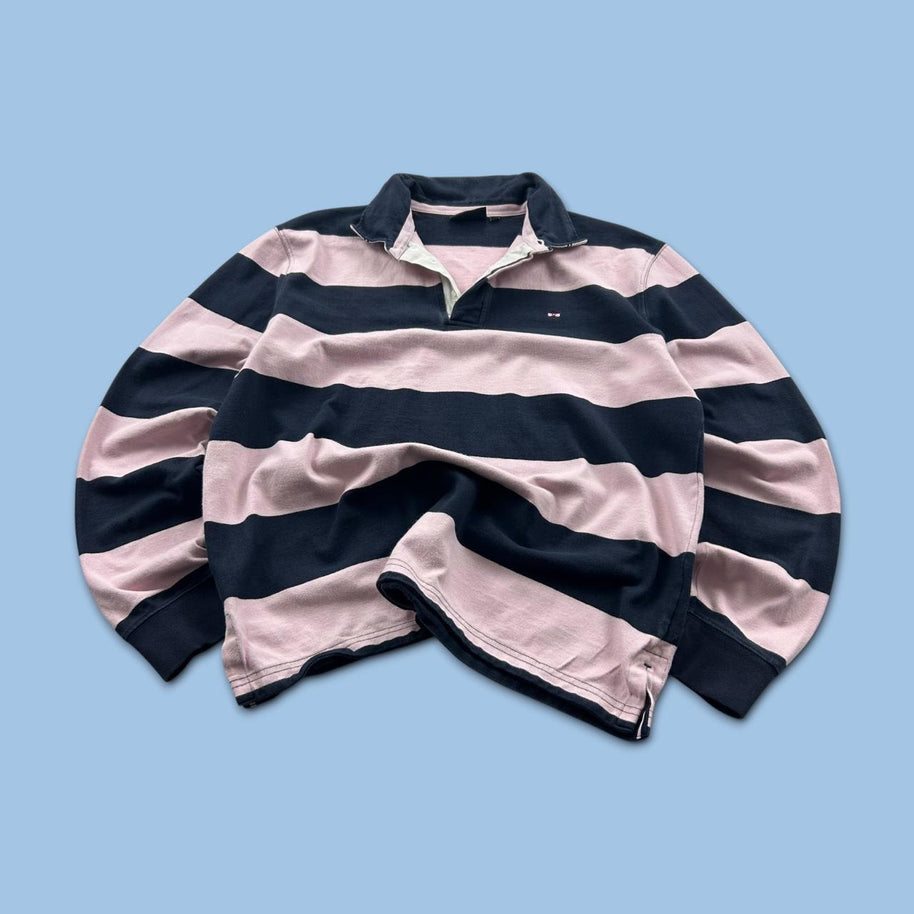 VINTAGE Y2K STRIPED LONG SLEEVE RUGBY POLO SHIRT PINK / NAVY