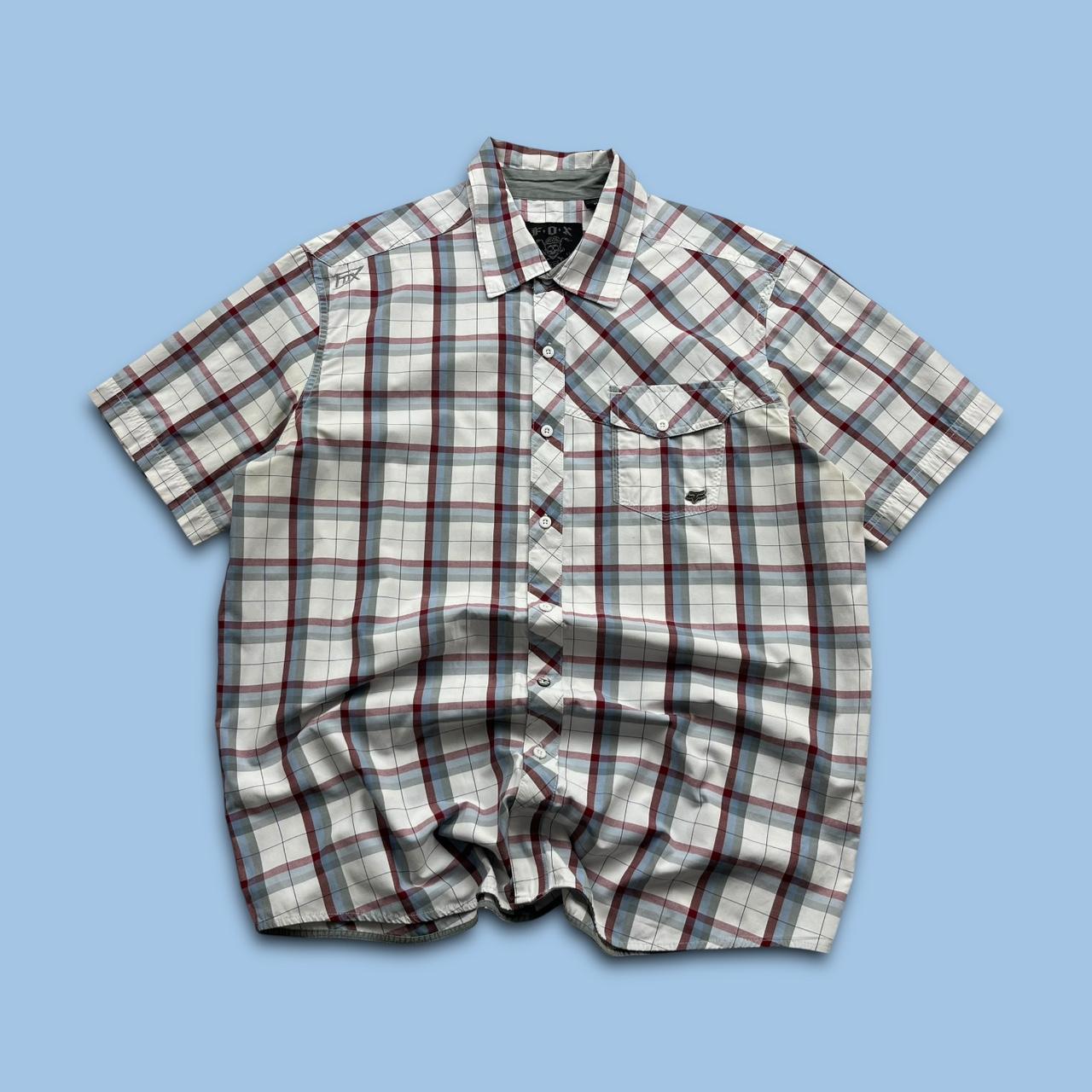 VINTAGE Y2K FOX CHECKERED SHORT SLEEVE BUTTON UP SHIRT WHITE