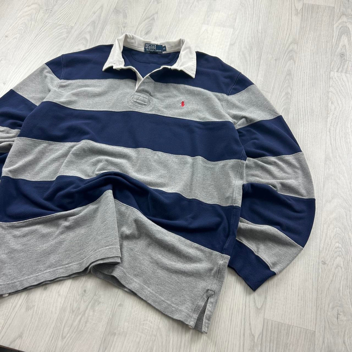 VINTAGE Y2K RALPH LAUREN STRIPED LONG SLEEVE RUGBY POLO SHIRT NAVY / GREY