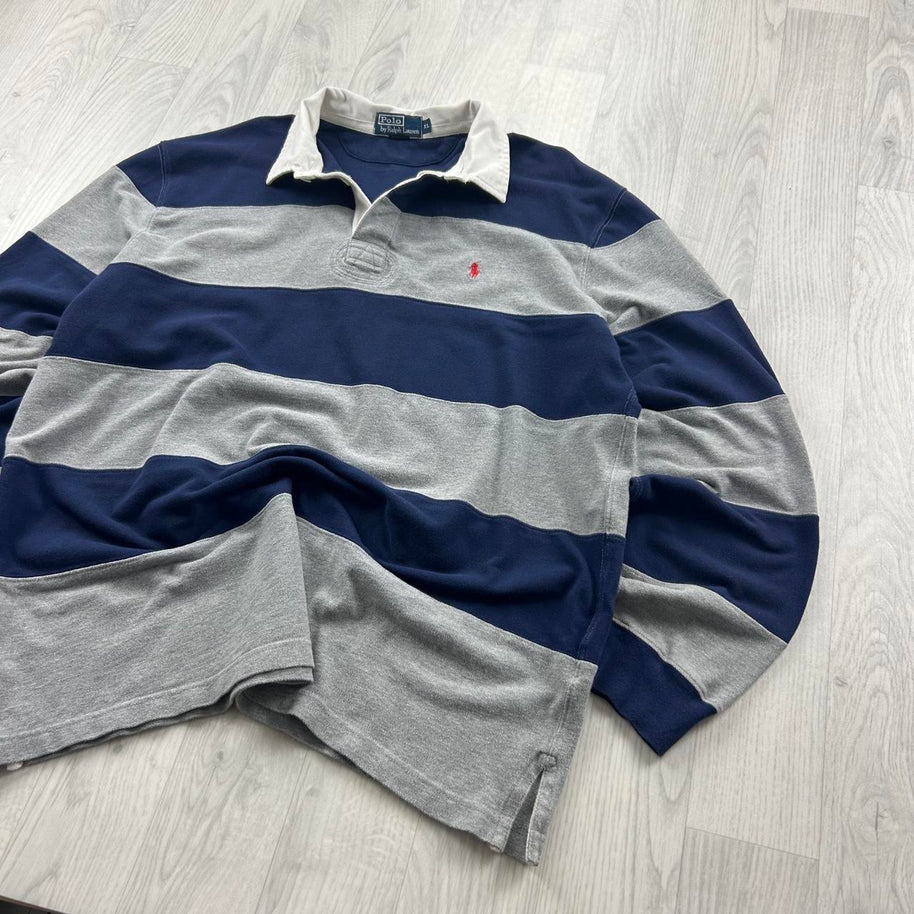 VINTAGE Y2K RALPH LAUREN STRIPED LONG SLEEVE RUGBY POLO SHIRT NAVY / GREY