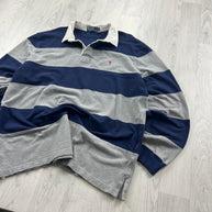 VINTAGE Y2K RALPH LAUREN STRIPED LONG SLEEVE RUGBY POLO SHIRT NAVY / GREY