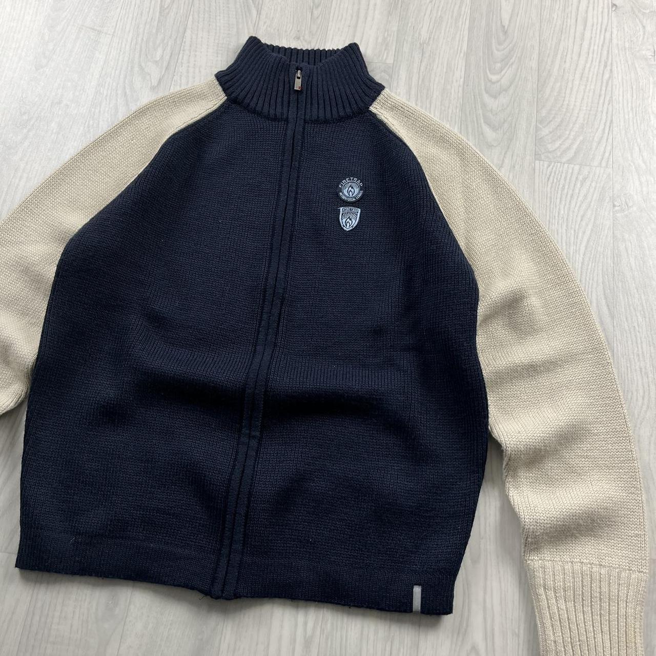 VINTAGE Y2K FIRETRAP CHUNKY ZIP KNITTED JUMPER NAVY CREAM
