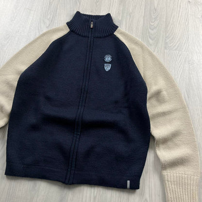 VINTAGE Y2K FIRETRAP CHUNKY ZIP KNITTED JUMPER NAVY CREAM