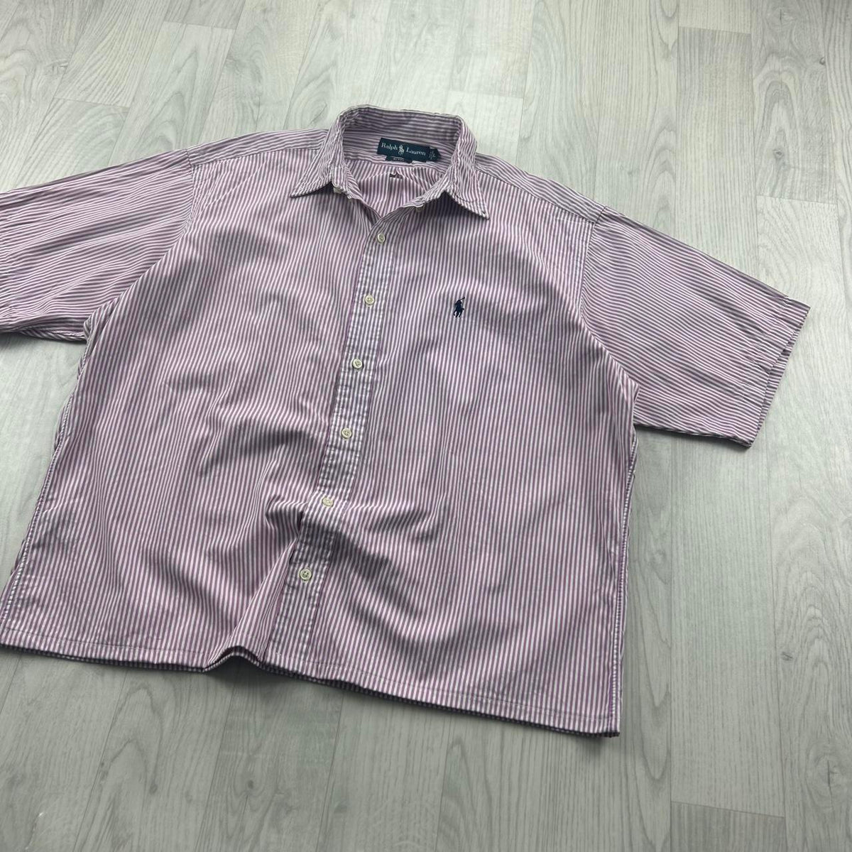 VINTAGE 00s RALPH LAUREN STRIPED CROPPED SHORT SLEEVE BUTTON UP SHIRT PURPLE