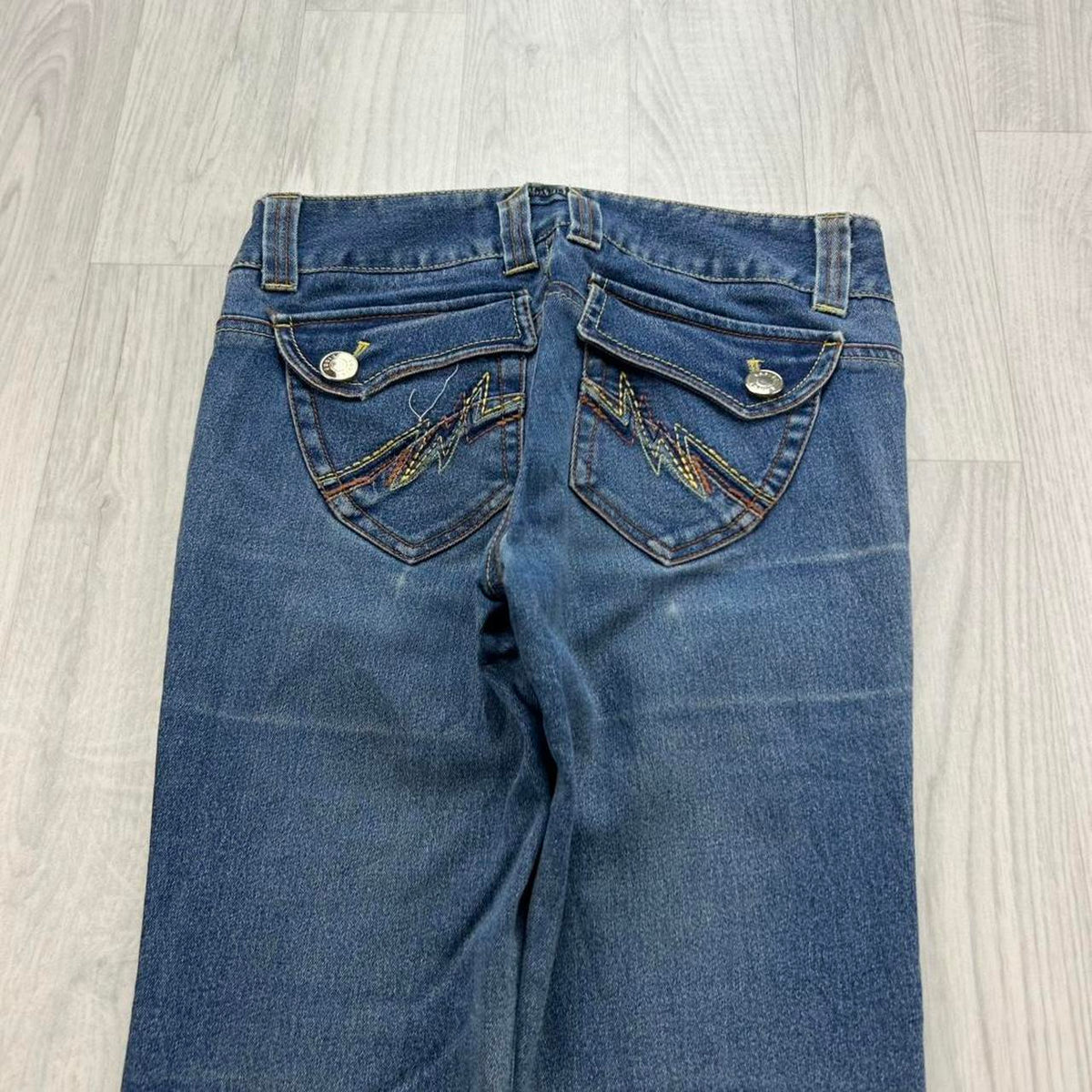 VINTAGE Y2K EGOIST LOW RISE EMBROIDERED FLARED JEANS BLUE
