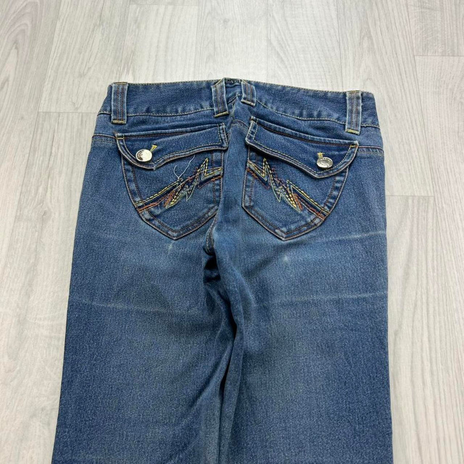 VINTAGE Y2K EGOIST LOW RISE EMBROIDERED FLARED JEANS BLUE