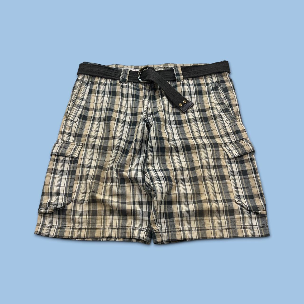VINTAGE Y2K BAGGY CHECKERED PLAID CARGO SHORTS BEIGE
