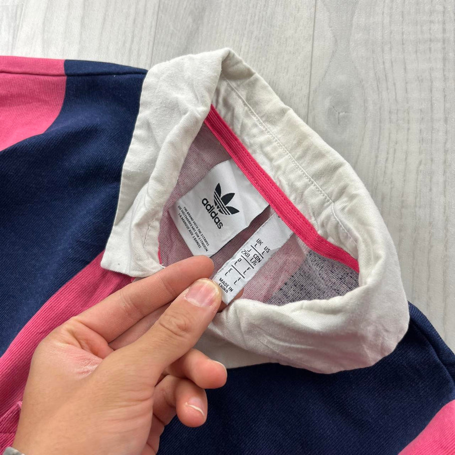 ADIDAS STRIPED LONG SLEEVE RUGBY POLO SHIRT PINK / NAVY