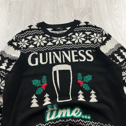 VINTAGE GUINNESS CHUNKY CHRISTMAS KNITTED JUMPER BLACK WHITE