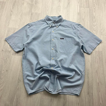 VINTAGE Y2K CHAPS SHORT SLEEVE CHECKERED SHIRT BABY BLUE