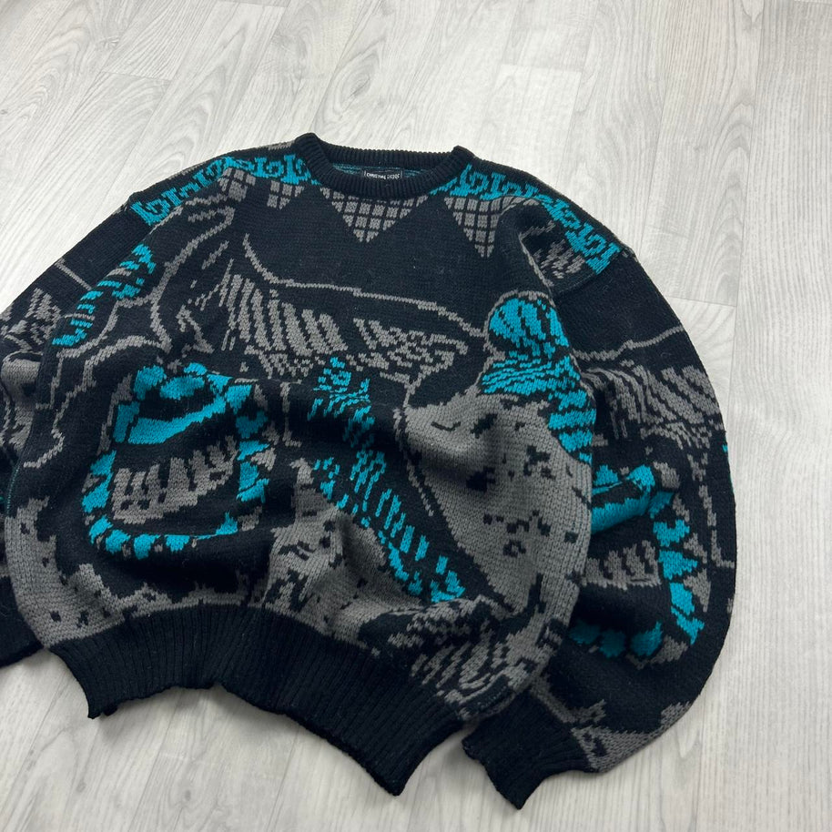 VINTAGE 90s FUNKY PATTERN KNITTED JUMPER BLACK / GREY