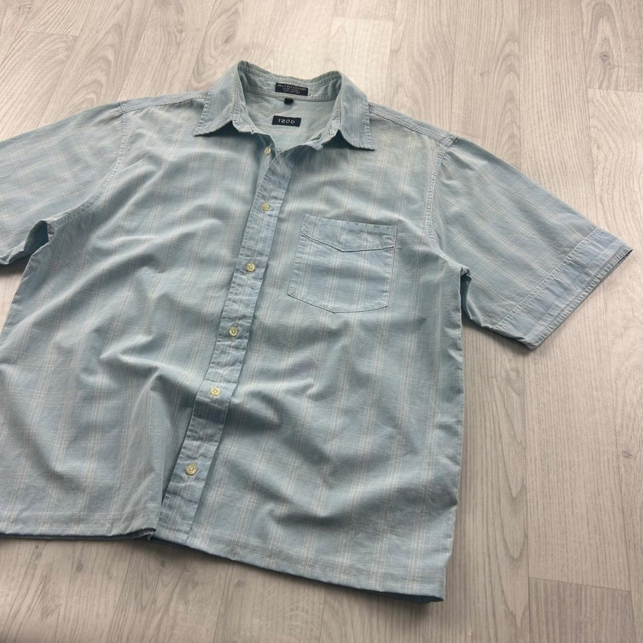 VINTAGE 00s IZOD CHECKERED CROPPED SHORT SLEEVE BUTTON UP SHIRT BLUE
