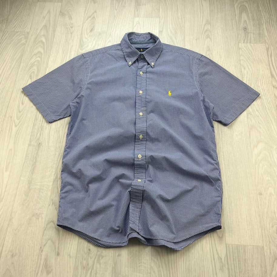 VINTAGE 00s RALPH LAUREN GINGHAM SHORT SLEEVE BUTTON UP SHIRT BLUE