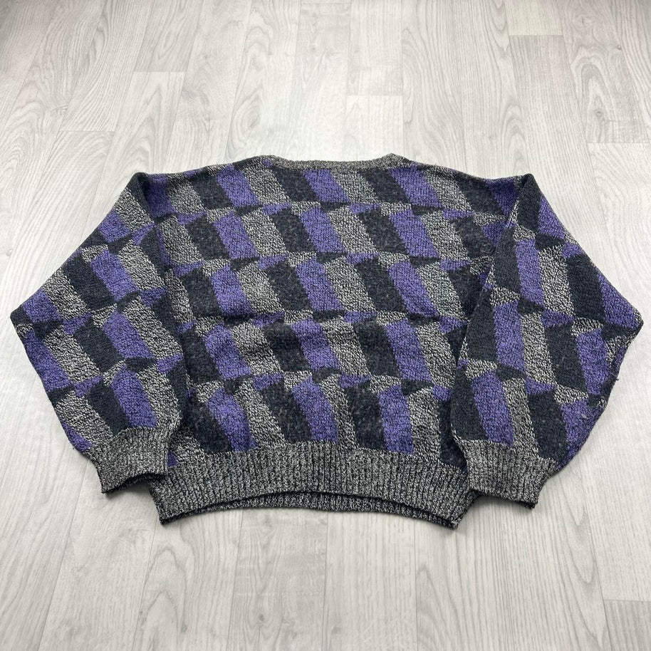 VINTAGE 90s PRONTO UOMO PATTERN KNITTED JUMPER GREY / LILAC