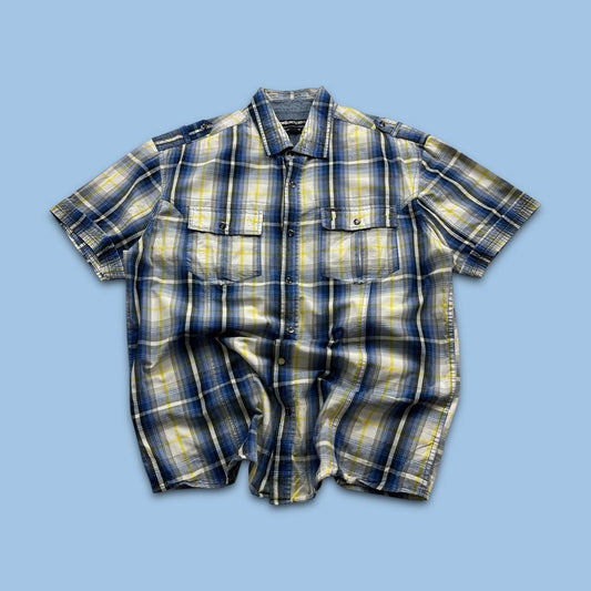 VINTAGE Y2K ECKO UNLTD PLAID SHORT SLEEVE BUTTON UP SHIRT BLUE / YELLOW