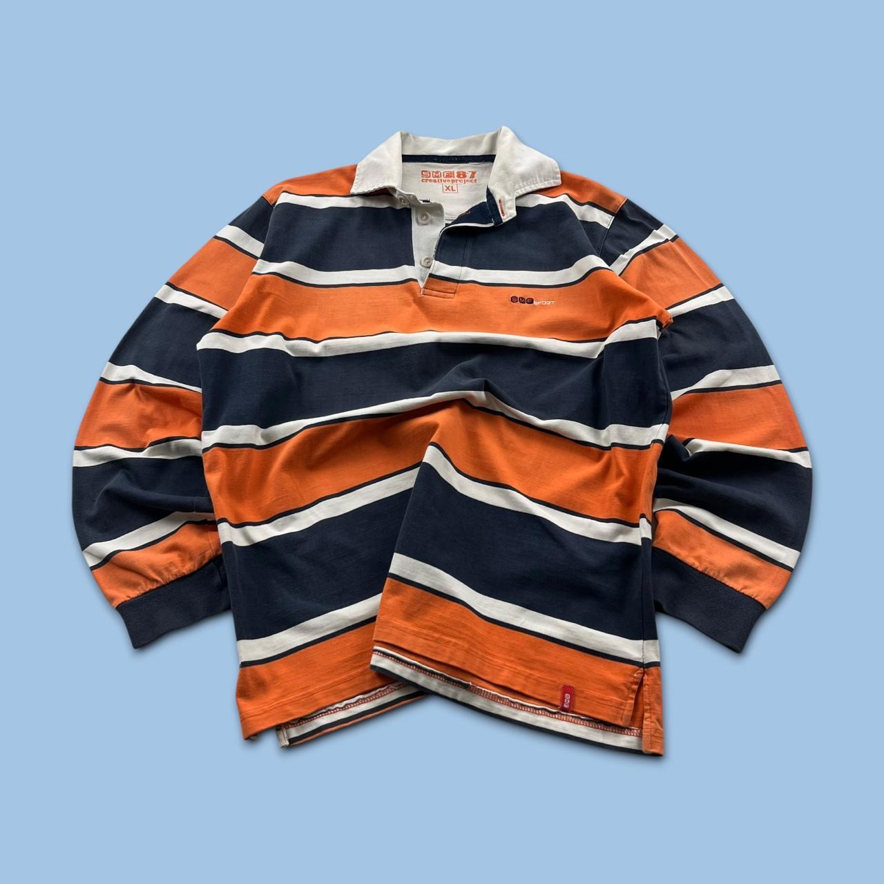 VINTAGE Y2K SMF STRIPED LONG SLEEVE RUGBY POLO SHIRT ORANGE / NAVY