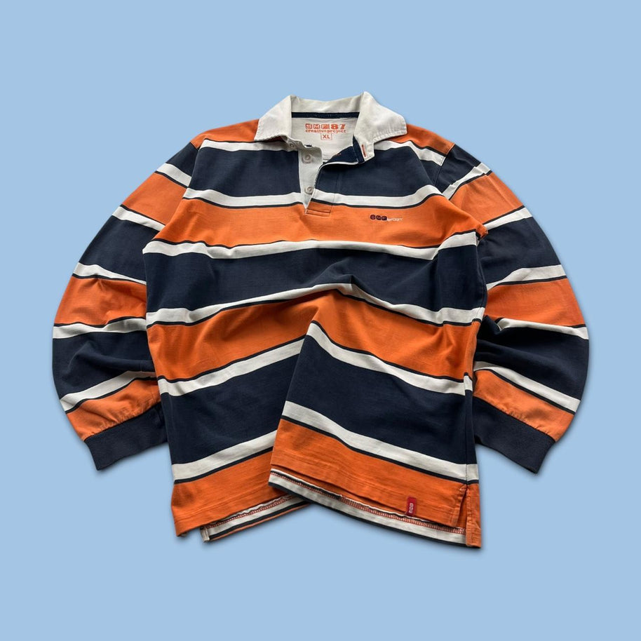 VINTAGE Y2K SMF STRIPED LONG SLEEVE RUGBY POLO SHIRT ORANGE / NAVY