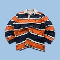VINTAGE Y2K SMF STRIPED LONG SLEEVE RUGBY POLO SHIRT ORANGE / NAVY