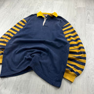 VINTAGE 00s BARBARIAN STRIPED LONG SLEEVE RUGBY POLO SHIRT NAVY / YELLOW
