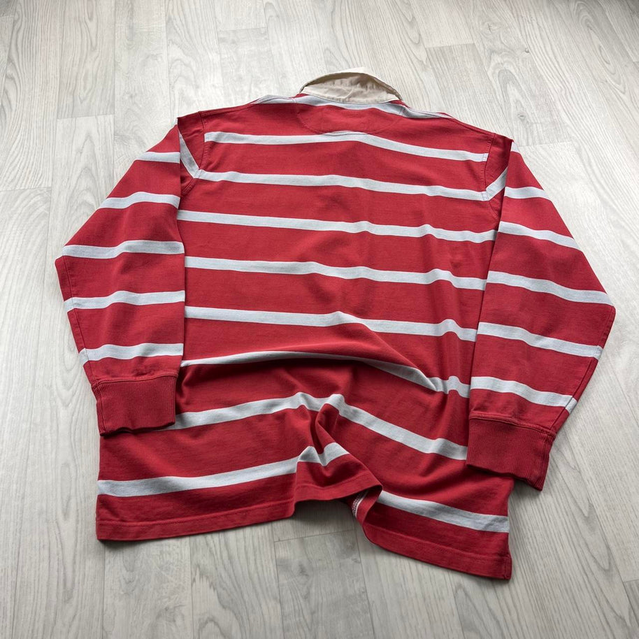 VINTAGE Y2K GAZMAN STRIPED LONG SLEEVE RUGBY POLO SHIRT RED