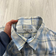 VINTAGE 00s FISHBONE CHECKERED CROPPED SHORT SLEEVE BUTTON UP SHIRT WHITE BLUE