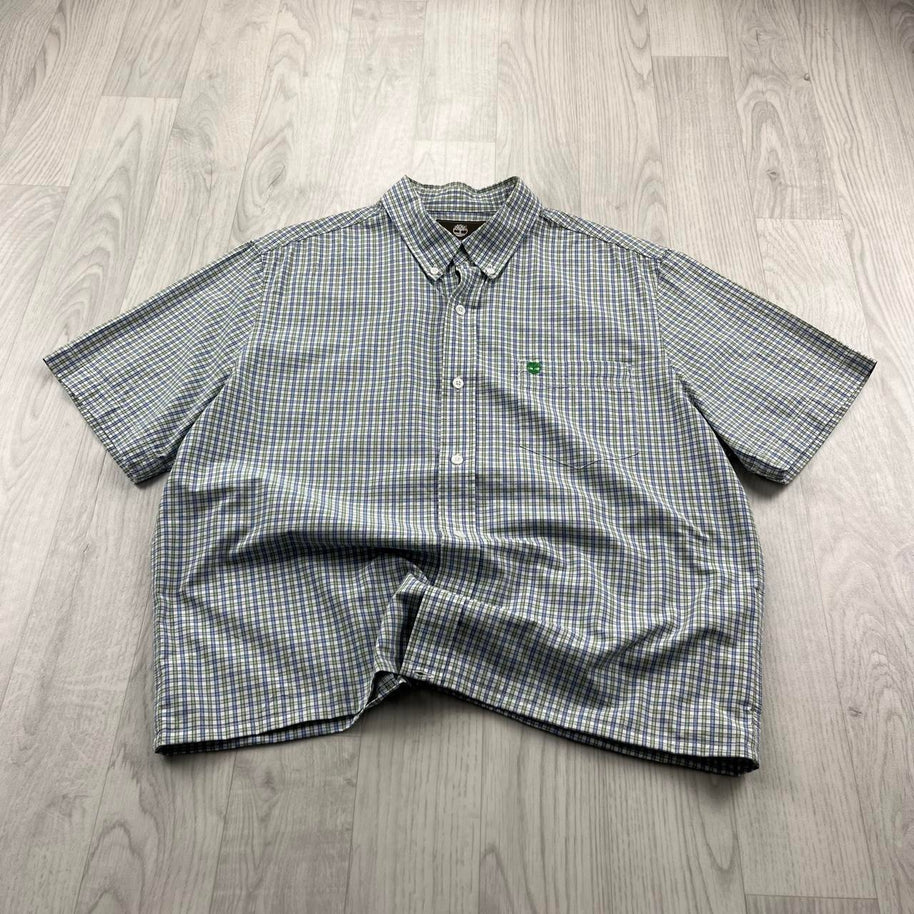 VINTAGE 00s TIMBERLAND CHECKERED CROPPED SHORT SLEEVE BUTTON UP SHIRT GREEN