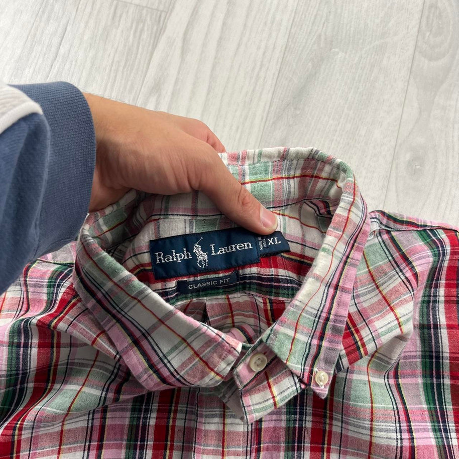 VINTAGE 00s RALPH LAUREN CHECKERED CROPPED SHORT SLEEVE BUTTON UP SHIRT RED