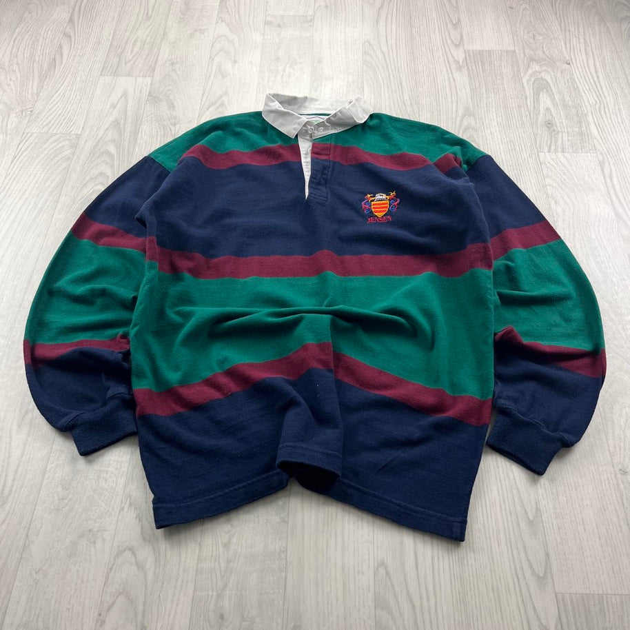 VINTAGE Y2K STRIPED LONG SLEEVE RUGBY POLO SHIRT NAVY / GREEN