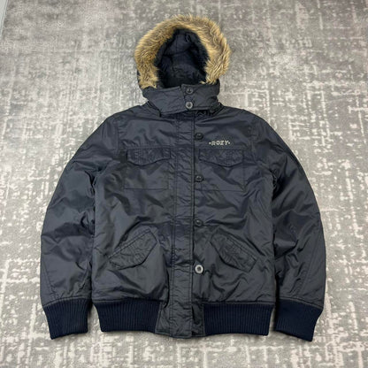 VINTAGE 00s ROXY FUR HOOD UTILITY BOMBER JACKET BLACK