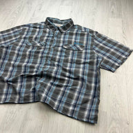 VINTAGE 00s COLUMBIA GINGHAM CROPPED SHORT SLEEVE BUTTON UP SHIRT BLUE / GREY