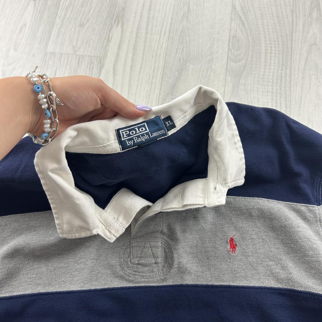 VINTAGE Y2K RALPH LAUREN STRIPED LONG SLEEVE RUGBY POLO SHIRT NAVY / GREY