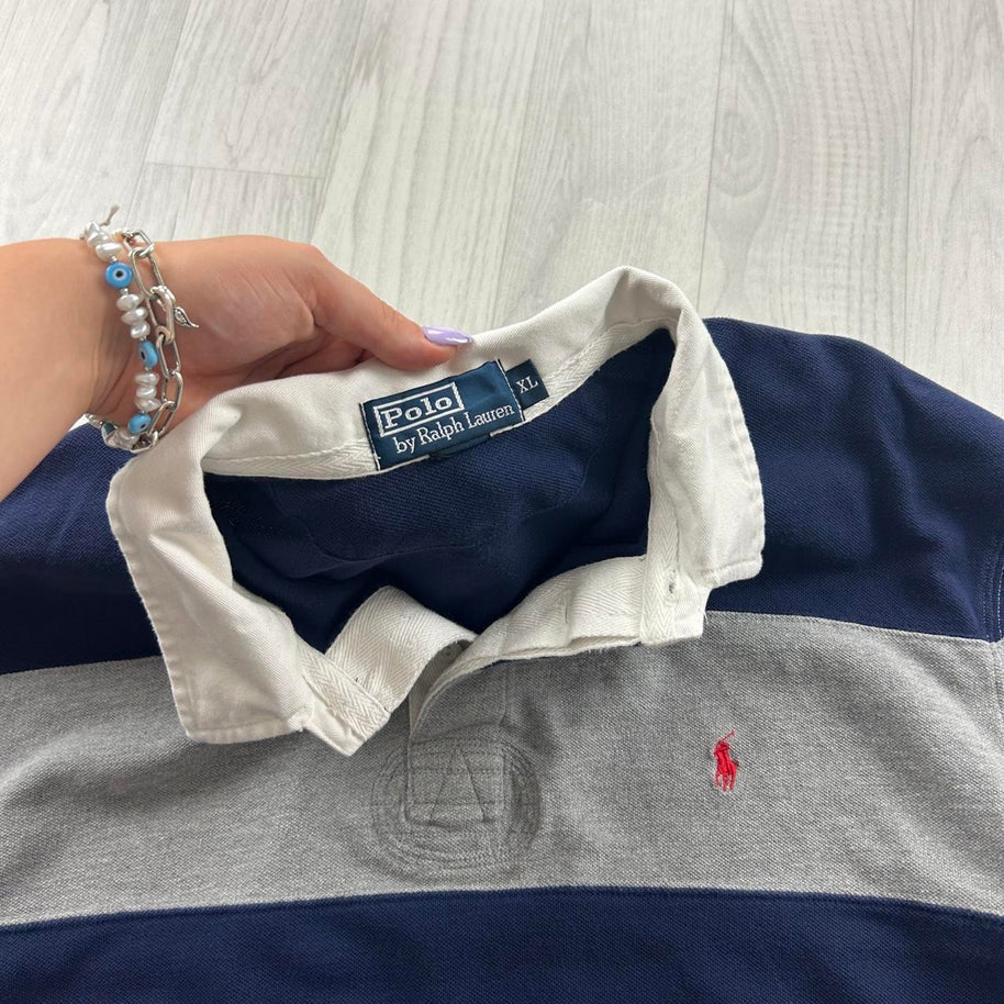 VINTAGE Y2K RALPH LAUREN STRIPED LONG SLEEVE RUGBY POLO SHIRT NAVY / GREY