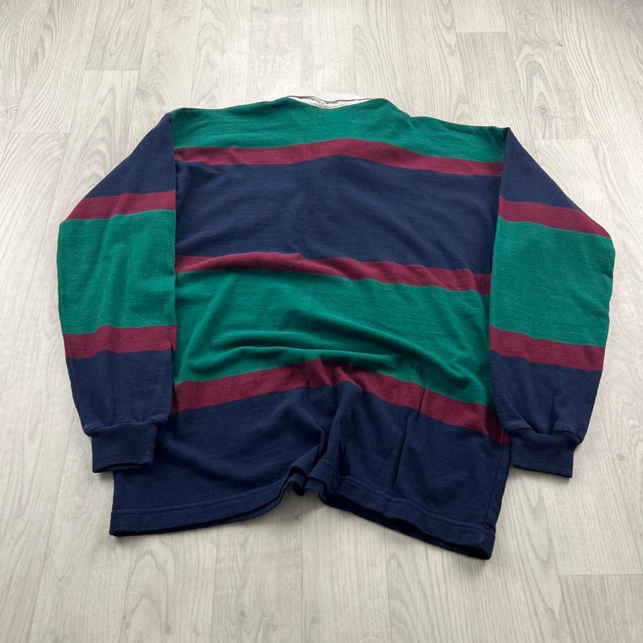 VINTAGE Y2K STRIPED LONG SLEEVE RUGBY POLO SHIRT NAVY / GREEN