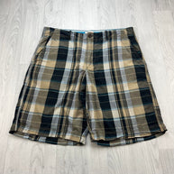 VINTAGE Y2K ROUTE 66 BAGGY CHECKERED PLAID SHORTS BEIGE / BLACK